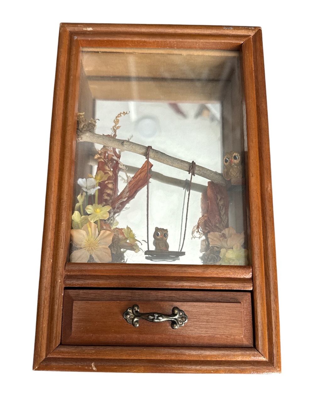 Vintage 1980 Mirror Back Vignette Playful Owls Music Box with Drawer